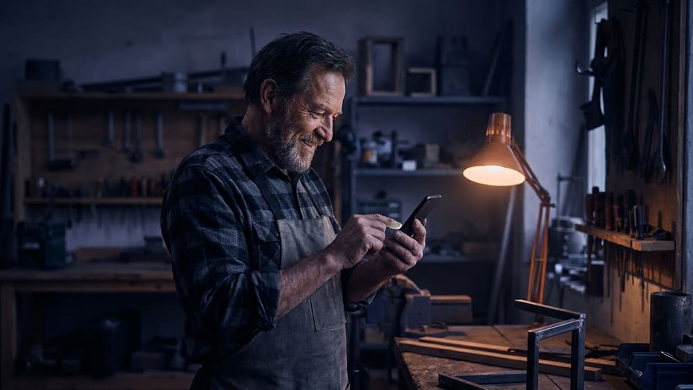 Handwerker liest eine neue Kundenanfrage auf dem Smartphone
