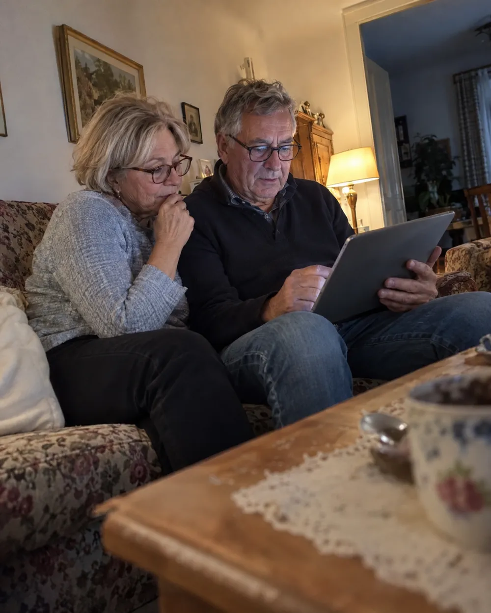 Eigentümerpaar informiert sich am Tablet über einen Makler