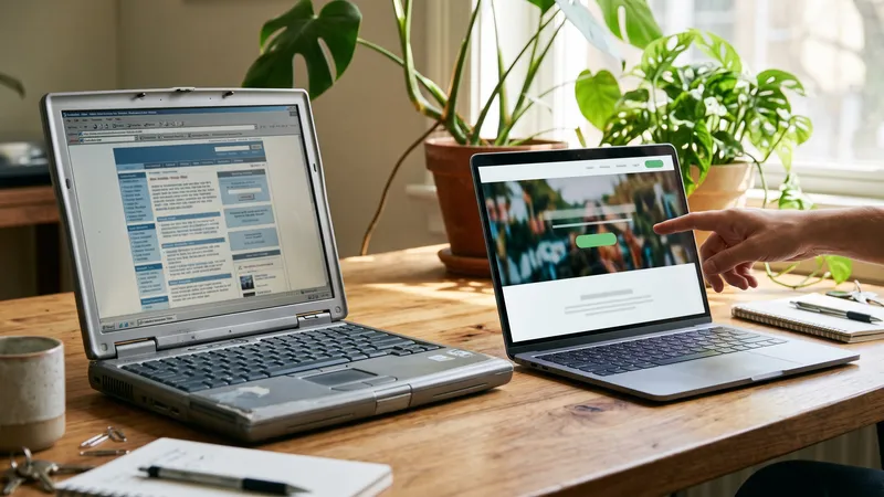 Alte und neue Website nebeneinander auf zwei Laptops, eine Hand zeigt auf den neuen Entwurf