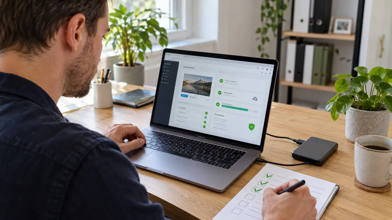 Mann prüft am Laptop Updates und Datensicherung seiner Website und hakt eine Checkliste ab
